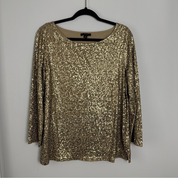 J. Crew Tops - J. Crew Sequins 3/4 Sleeve Boat-Neck Relaxed Fit Top Blouse Size Large Gold